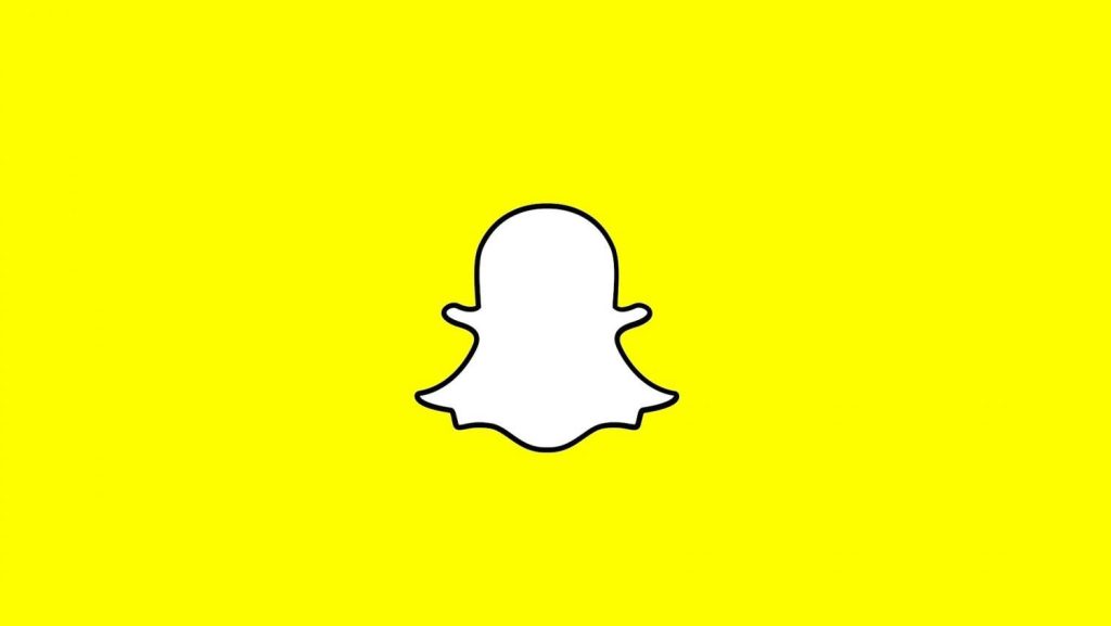 The image shows the Snapchat logo: a white ghost shape outlined in black, centered on a bright yellow background.