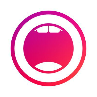 A stylized magenta and white graphic of an open mouth with two upper teeth and a curved lower lip, surrounded by two concentric circles on a white background.