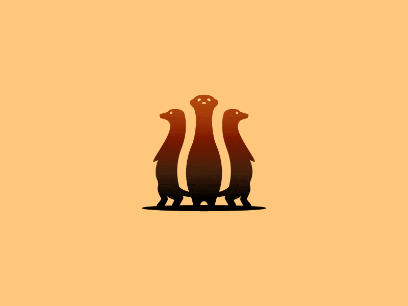 Minimalist illustration of three meerkats standing upright in a group, facing different directions, with a warm beige background. The design uses simple shapes and a gradient brown color scheme.