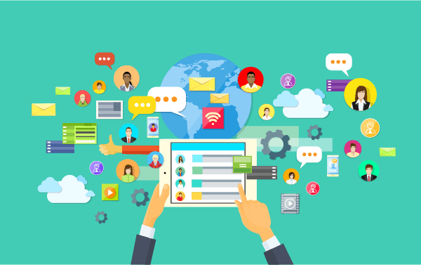 Illustration of hands using a tablet with icons of people, emails, chat bubbles, and cloud symbols, representing global digital communication and online networking. A globe is in the background, connecting various elements.