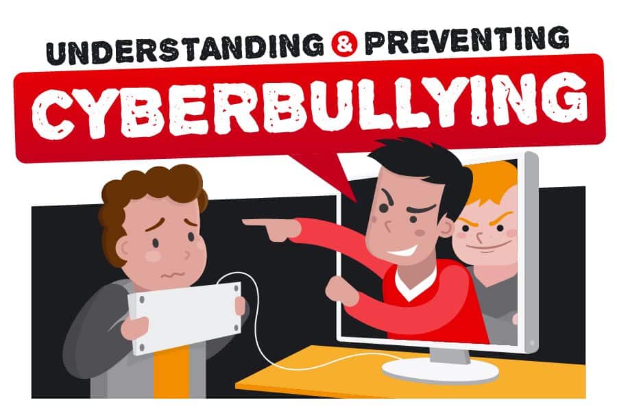 Illustration of a sad child holding a tablet while an angry person points and shouts at them from a computer screen. The text above reads “Understanding & Preventing Cyberbullying.”.