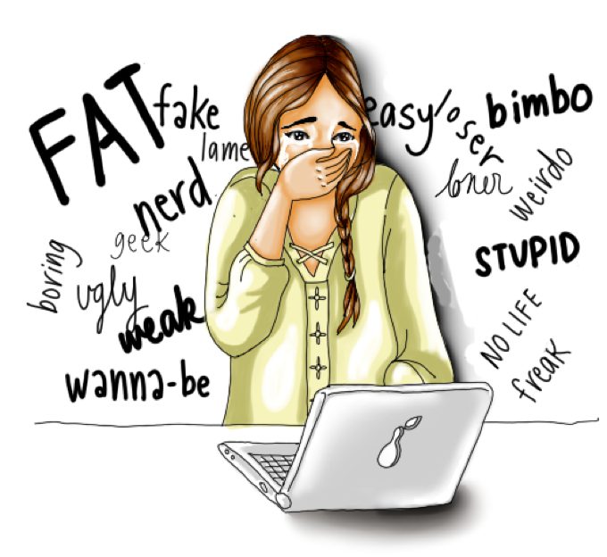 A sad girl sits at a laptop, covering her mouth in distress. Hurtful words like "fat," "loser," "ugly," and "stupid" surround her, representing the impact of cyberbullying.