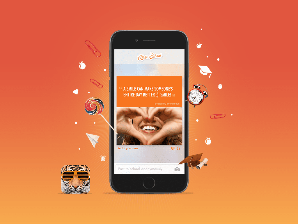 A smartphone displays a message reading "A smile can make someone's entire day better :)" above a photo of a person forming a heart shape with their hands over their smile. Fun, colorful icons float around the phone on an orange gradient background.