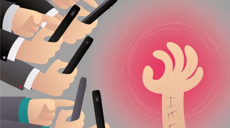 Illustration of multiple hands holding smartphones and pointing at a raised arm with visible self-harm scars and the word "HELP" carved into the skin, highlighting themes of cyberbullying and mental health struggles.