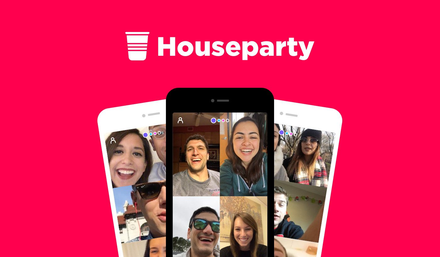 Three smartphones display a group video call with smiling people. Above them is the Houseparty logo with a red party cup icon and bold white text on a bright pink background.