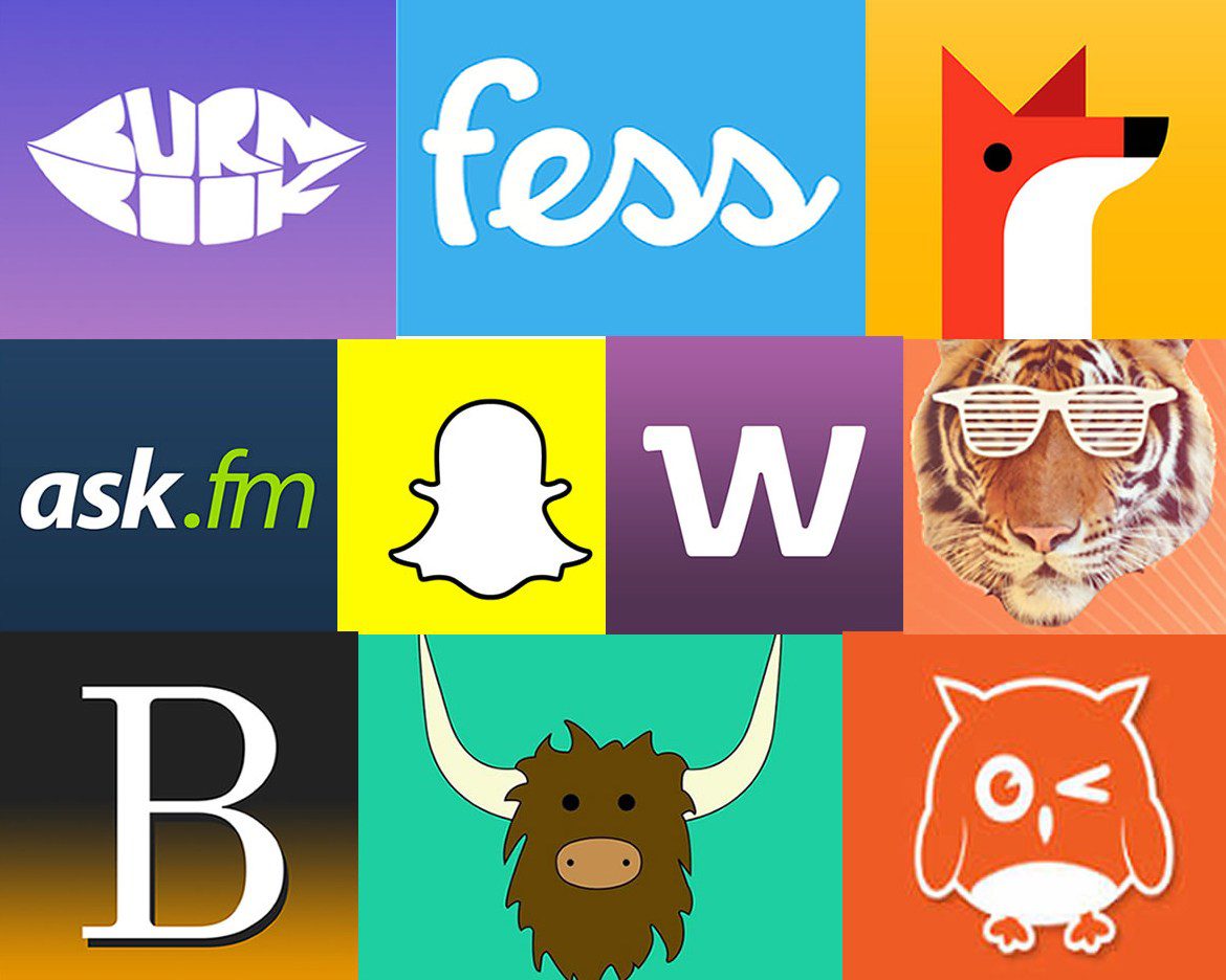 A grid of colorful squares displays various social media app logos, including Burnbook, Fess, Secret, Ask.fm, Snapchat, Whisper, Brighten, Yik Yak, and an illustrated owl for the After School app.