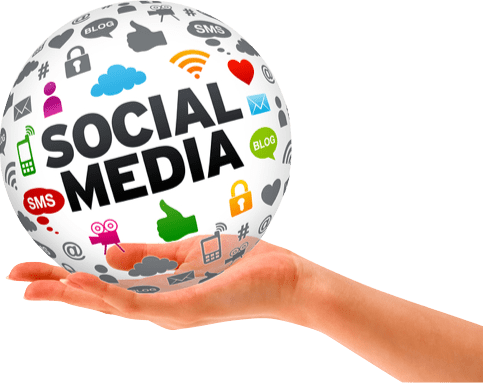 A hand holds a sphere covered with social media icons and the words "SOCIAL MEDIA" in bold letters at the center. The sphere features symbols like cameras, chat bubbles, locks, and thumbs-up signs.