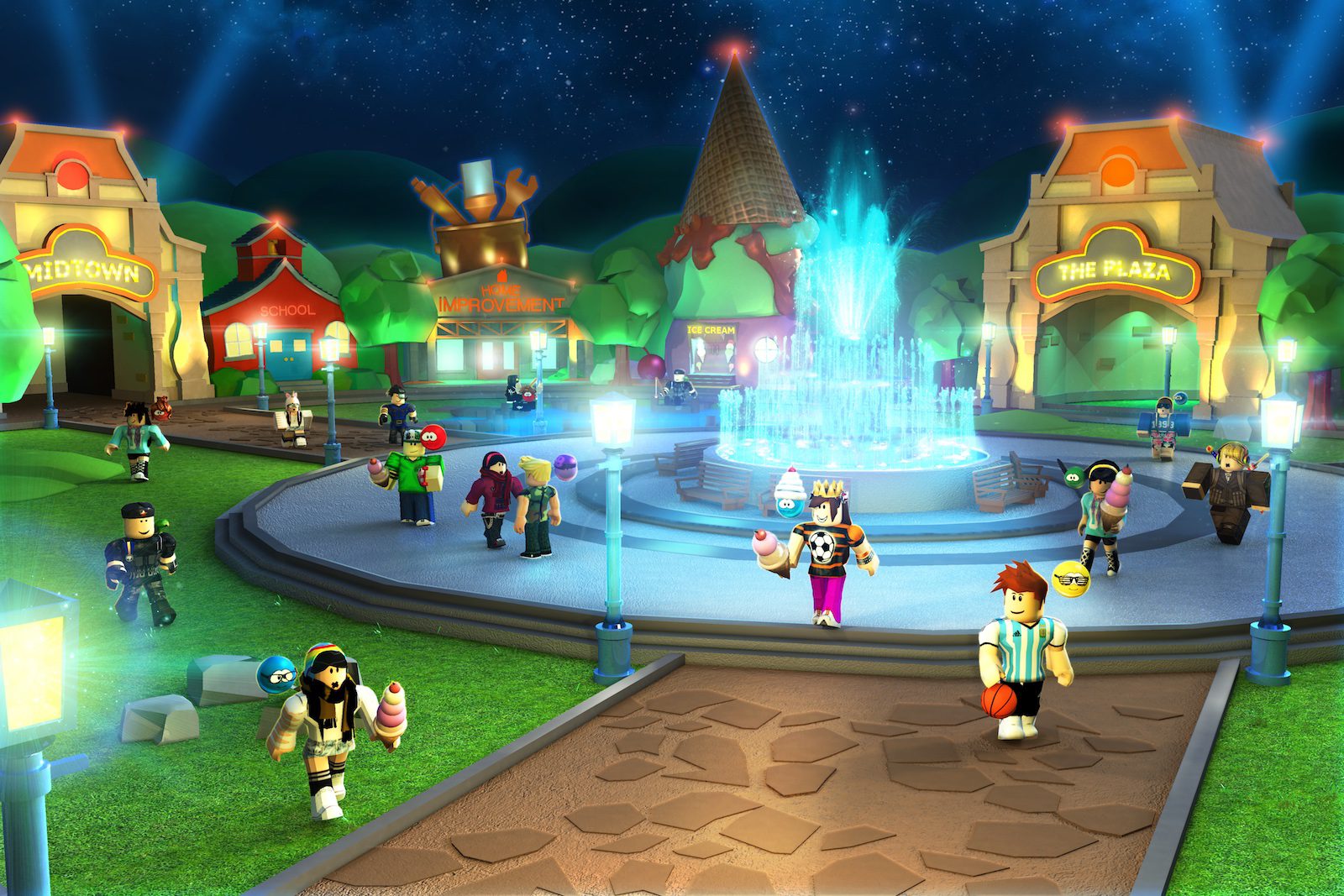 A colorful, animated plaza at night with a glowing fountain in the center, people holding ice cream, and buildings labeled "Midtown" and "The Plaza" surrounding the area under a starry sky.