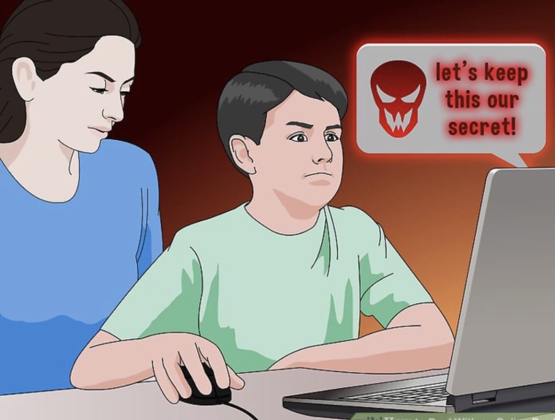 A concerned woman watches a boy using a computer. On the screen, a red speech bubble with a sinister face says, "let’s keep this our secret!" indicating a warning about online dangers.