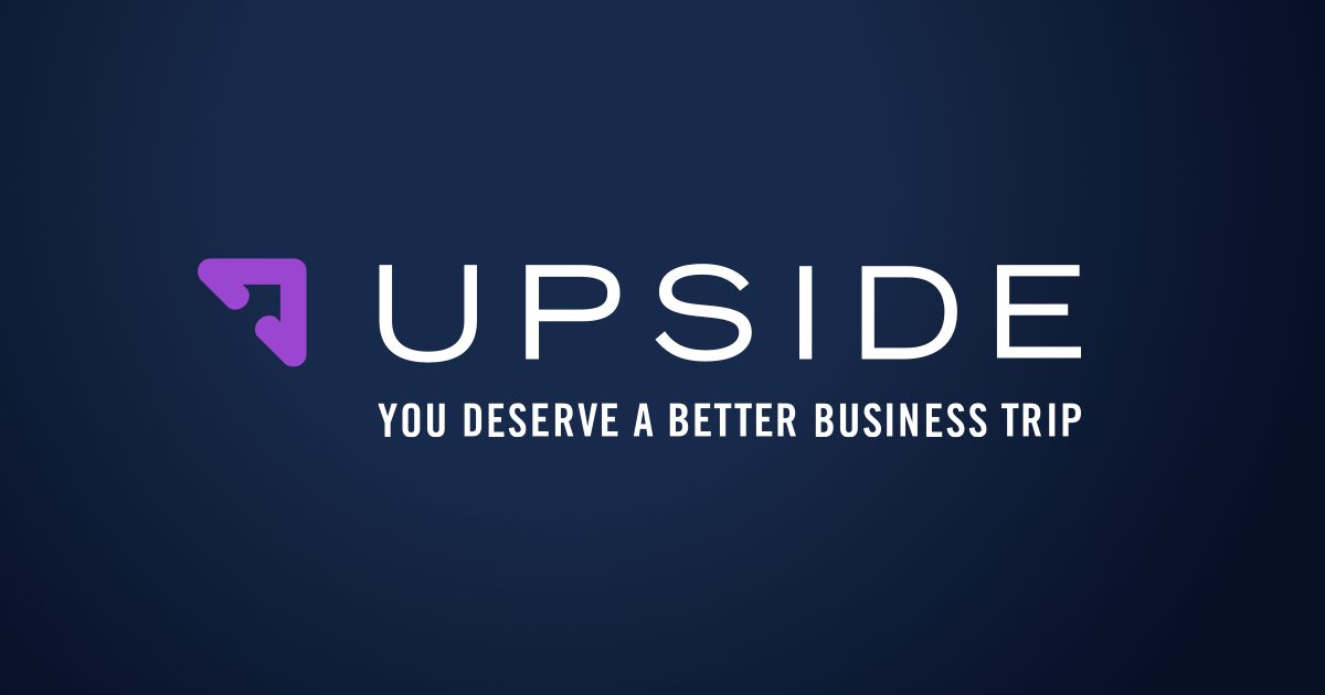 Logo for Upside featuring a purple arrow symbol and white text on a dark blue background. The text reads: "UPSIDE" and below it, "YOU DESERVE A BETTER BUSINESS TRIP.