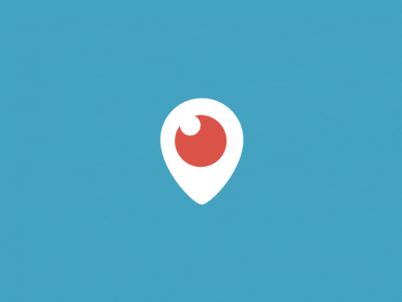 Animated image of a white map pin with a red circle and curved white shape inside, resembling an eye, rotating on a blue background.