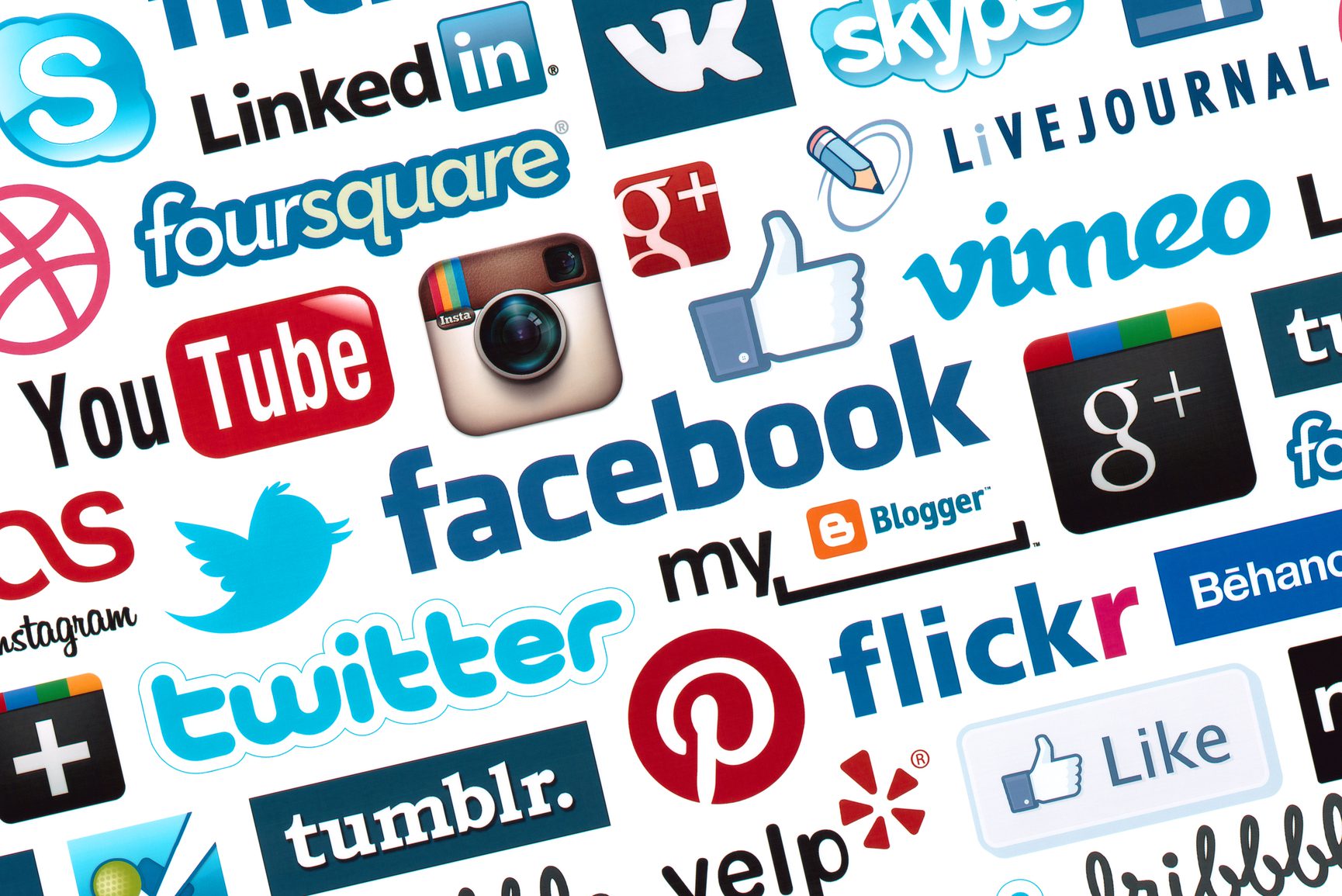 A collage of various social media logos, including Facebook, Twitter, Instagram, YouTube, LinkedIn, Pinterest, Tumblr, Skype, Flickr, and others, displayed on a white background.