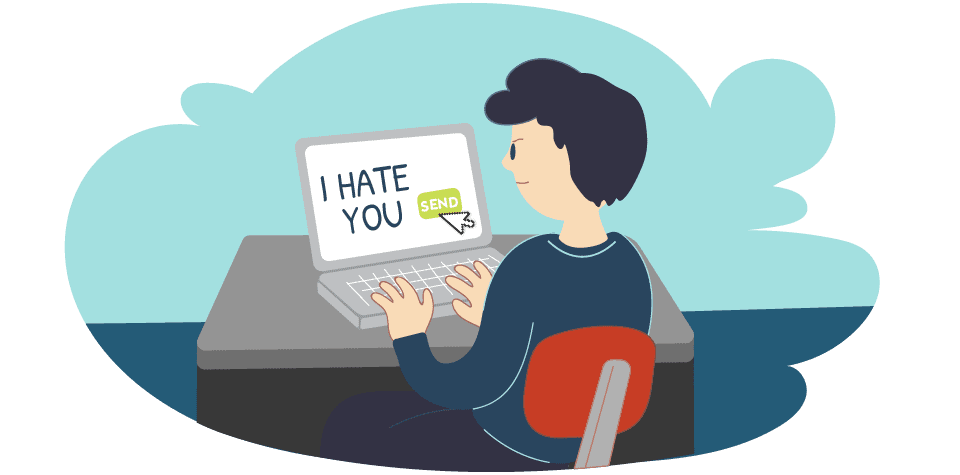 Illustration of a person sitting at a desk, typing "I HATE YOU" on a laptop, with the mouse cursor hovering over a green "SEND" button.