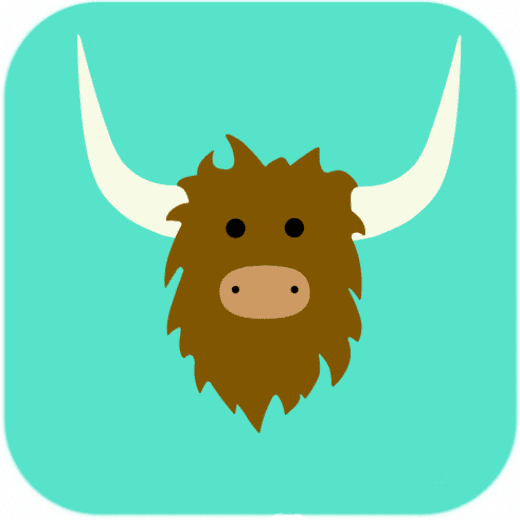 A simple, cartoon-style illustration of a brown yak head with large white horns on a turquoise background.