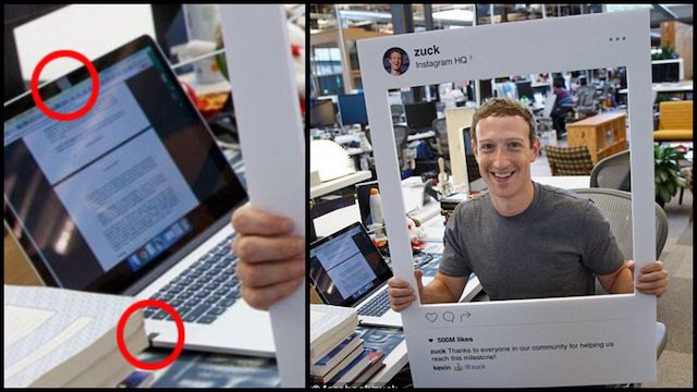 A split image: on the left, a close-up of a laptop with tape covering the webcam and microphone; on the right, a smiling man holds a large photo frame prop in a busy office setting.