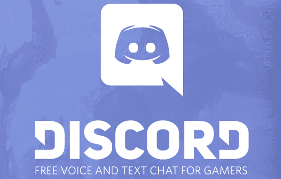 Discord logo with a stylized game controller inside a speech bubble above the word "DISCORD," and the tagline "Free voice and text chat for gamers" below, on a purple background.