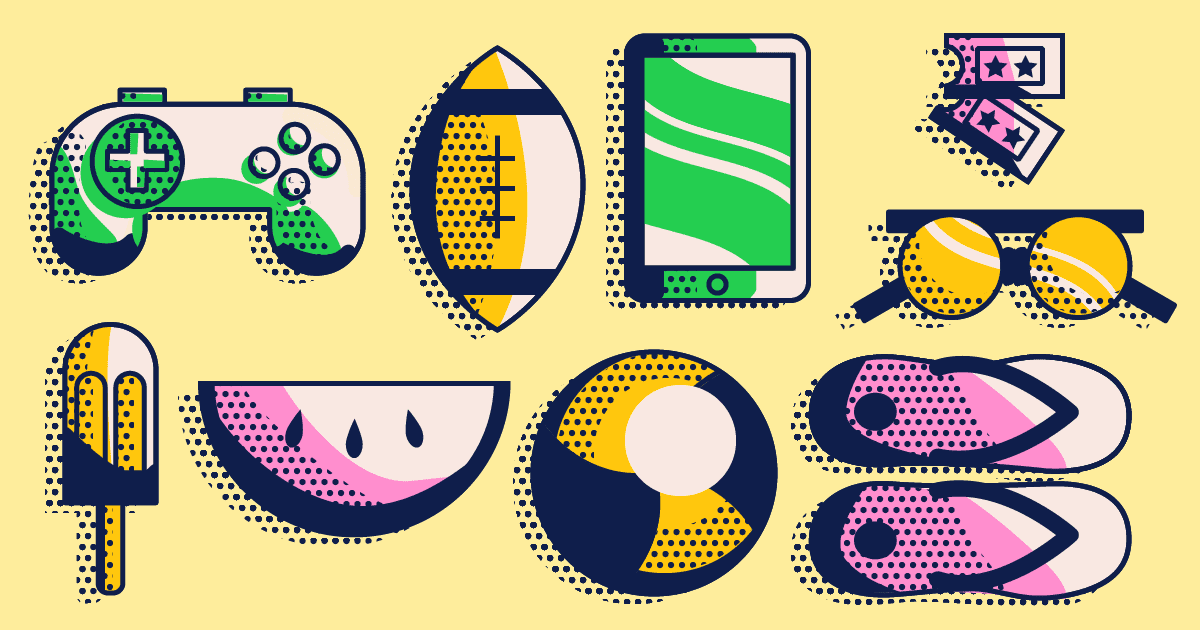 Colorful pop art-style illustration featuring a game controller, football, smartphone, raffle tickets, sunglasses, popsicle, watermelon slice, beach ball, and flip-flops on a yellow background.