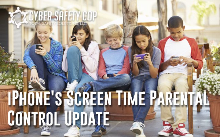 Five children sitting on a bench outdoors, each focused on their smartphones. The image promotes a cyber safety update for iPhone's Screen Time parental control, featuring the Cyber Safety Cop logo and branding.