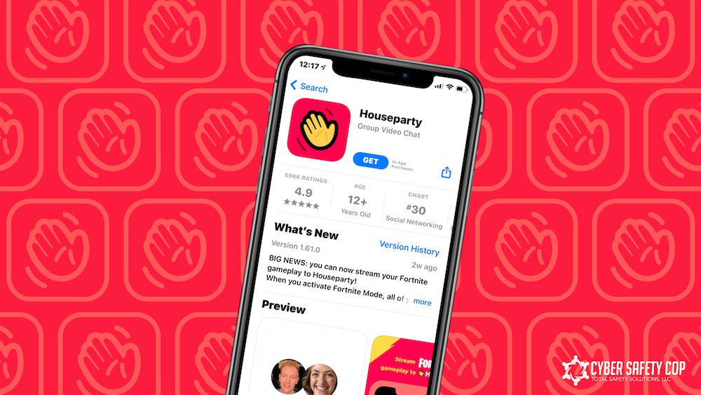 A smartphone displays the Houseparty app page in the App Store against a red background featuring repeated Houseparty logos and a "Cyber Safety Cop" watermark in the lower right corner.