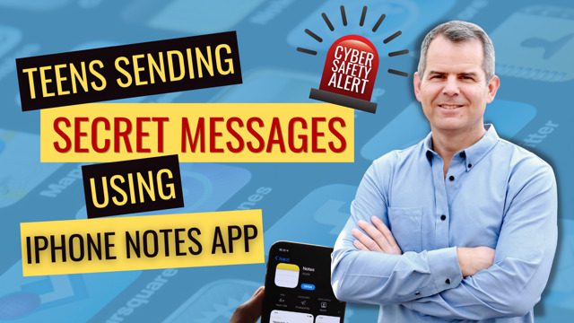 A man in a light blue shirt stands smiling beside bold text that reads "Teens sending secret messages using iPhone Notes app" with a red "Cyber Safety Alert" icon above. A hand holds a phone with apps on the screen in the bottom corner.