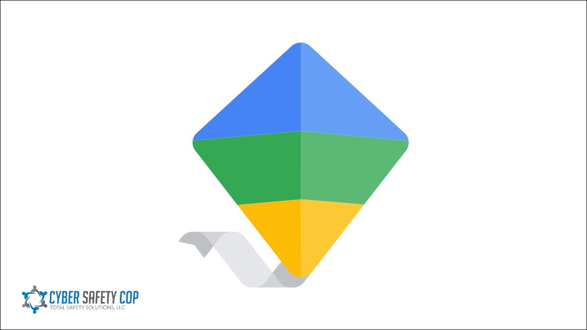 The image shows the Google Family Link logo, a kite-shaped icon with blue, green, and yellow sections. In the bottom left corner, the Cyber Safety Cop logo and text are visible. The background is white.