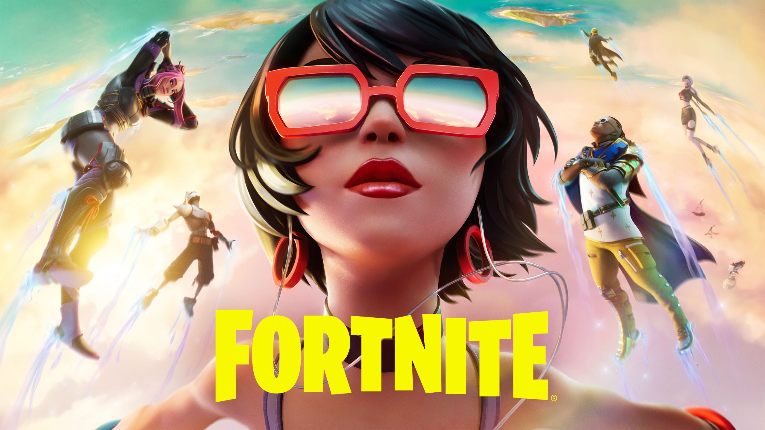 A stylized woman with short black hair and large red sunglasses is in the center, surrounded by colorful Fortnite characters flying through a bright sky. The bold yellow “Fortnite” logo is at the bottom.