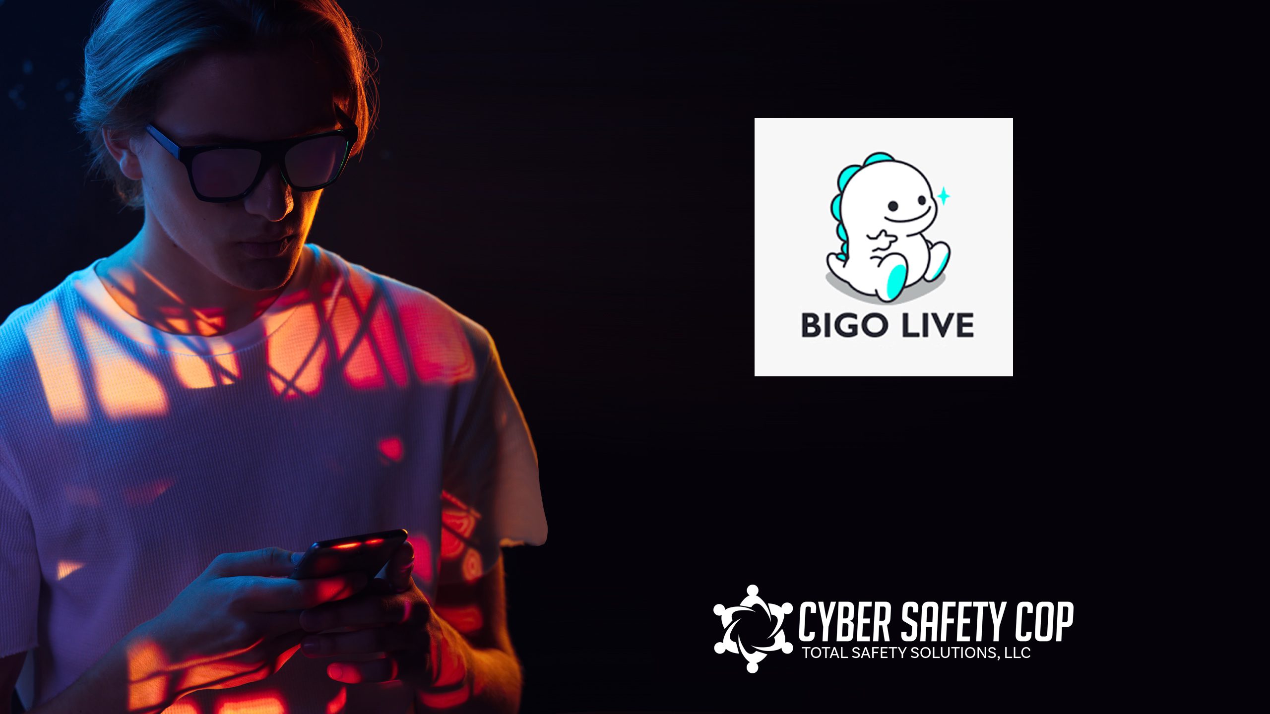 A person in a white shirt and glasses looks at a phone under colorful, moody lighting. The BIGO LIVE logo and the Cyber Safety Cop logo appear on a dark background.
