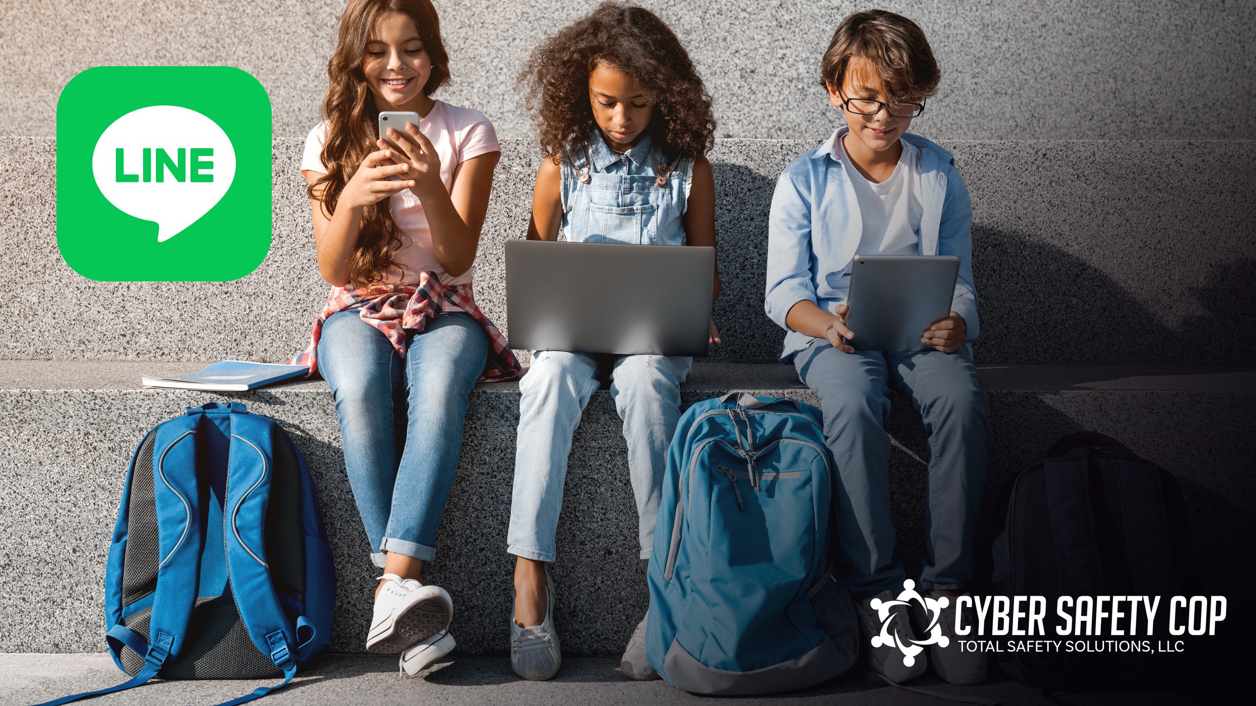 Three children sit on stone steps using digital devices. The LINE app logo is on the left, and the Cyber Safety Cop logo is in the bottom right. Backpacks are placed beside each child.