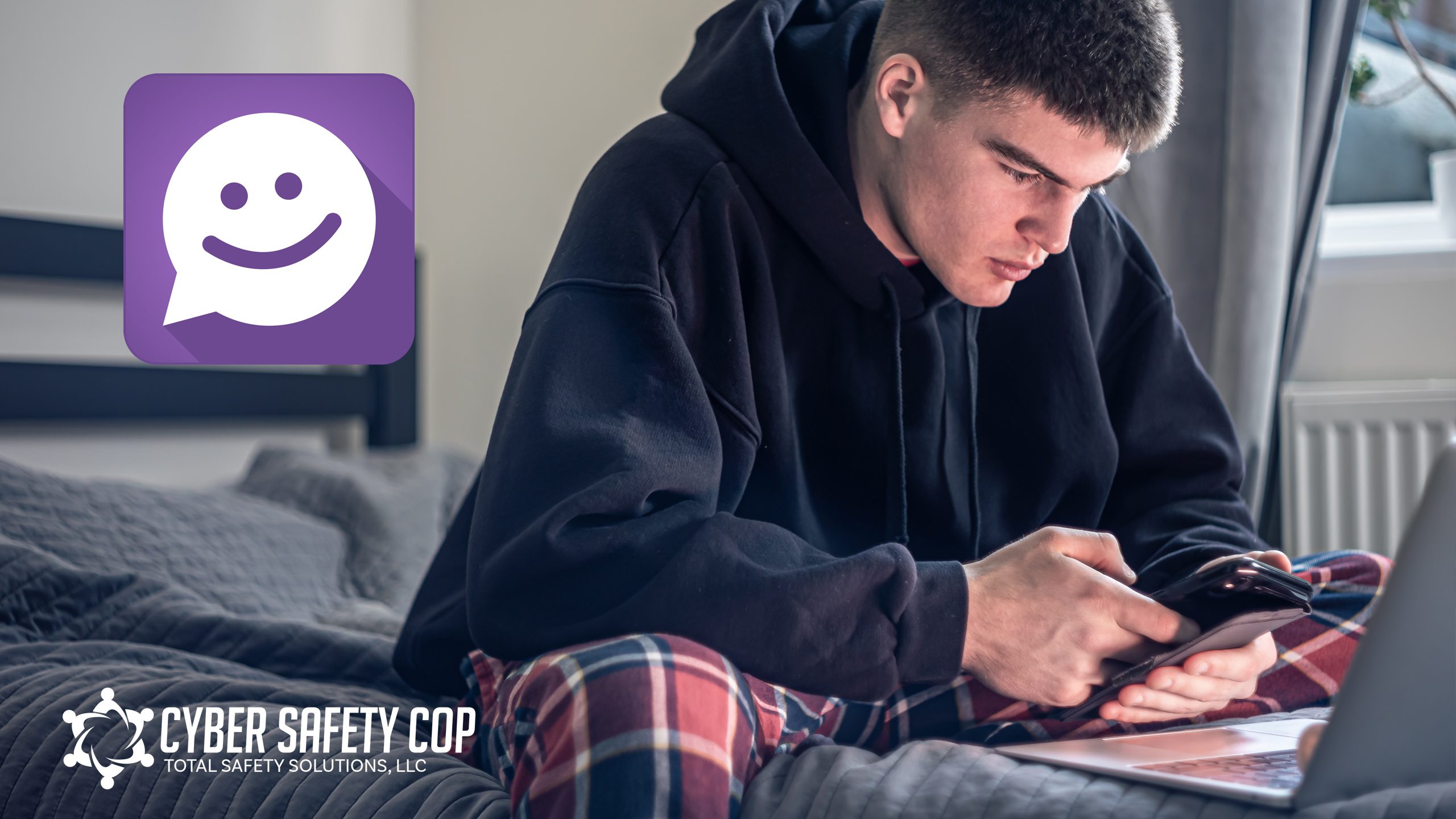 A teenage boy in plaid pajama pants and a black hoodie sits on a bed using a smartphone. The Cyber Safety Cop logo and a purple chat app icon appear on the image.