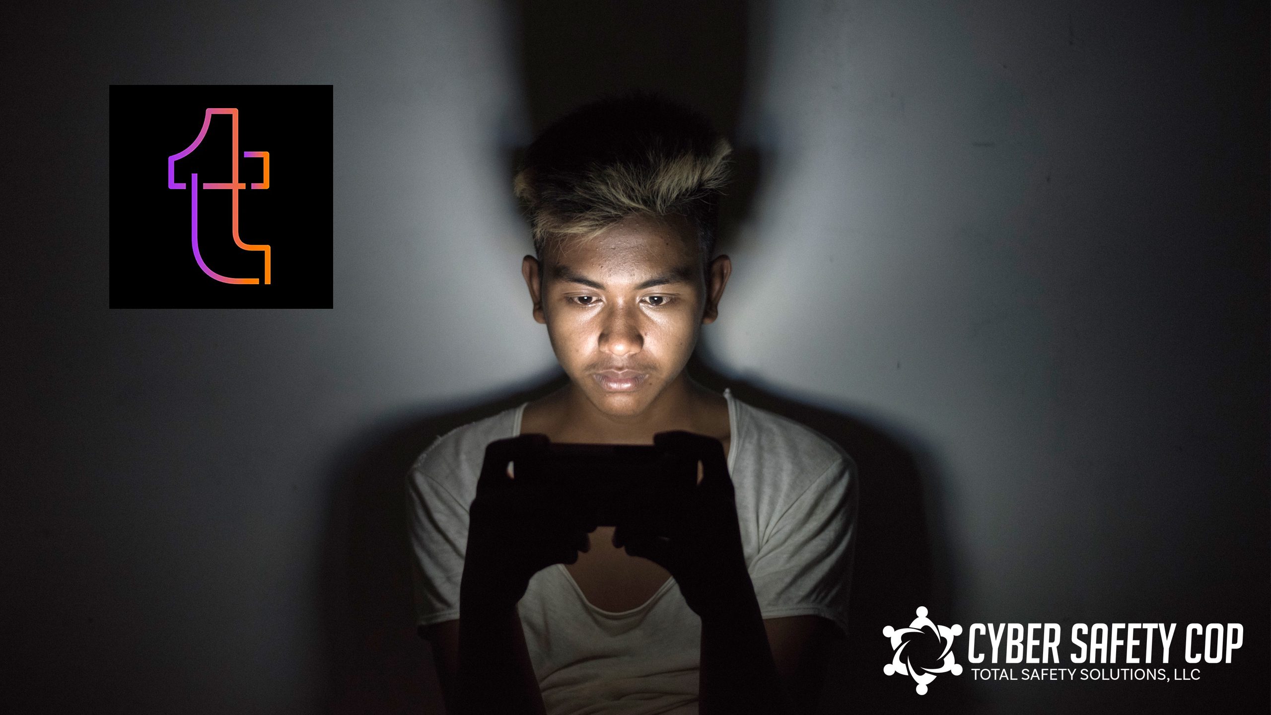 A young person sits in the dark, illuminated by a smartphone. The Tumblr logo is on the left, and the Cyber Safety Cop logo is on the bottom right.