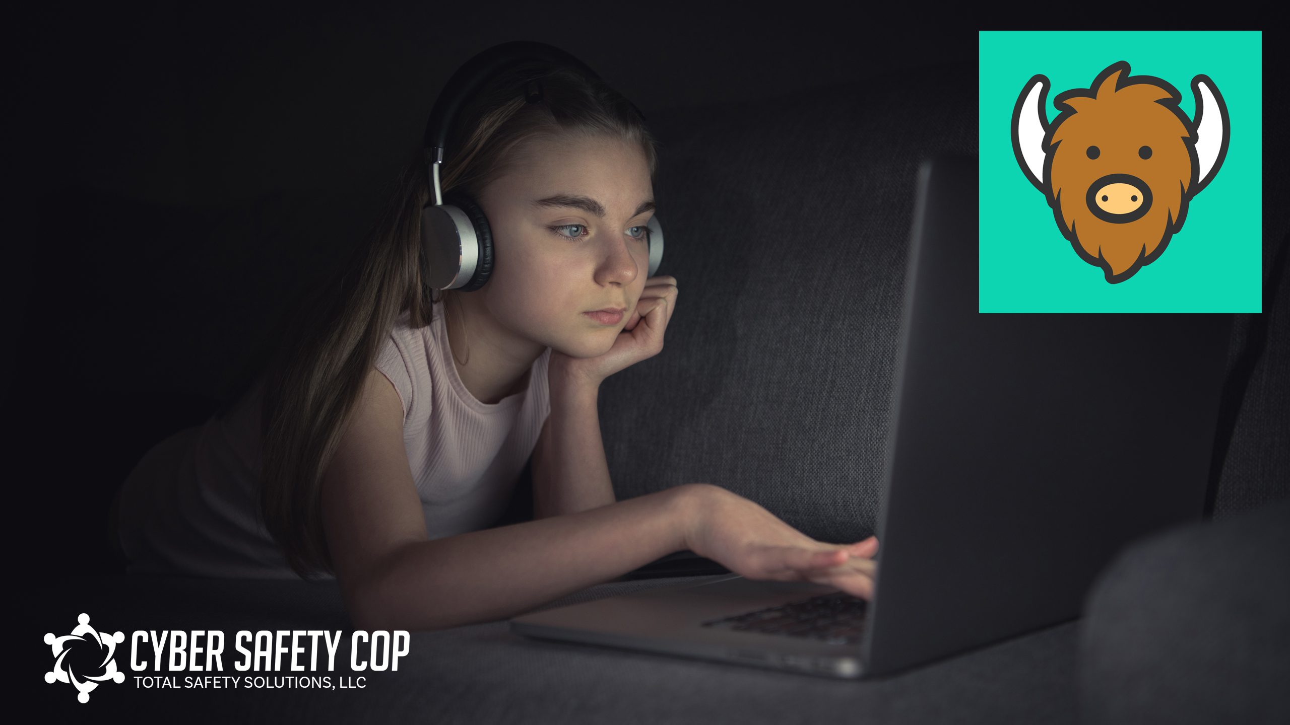 A young girl wearing headphones uses a laptop in a dark room. The Yik Yak app logo appears in the top right corner. The Cyber Safety Cop logo is in the bottom left corner.