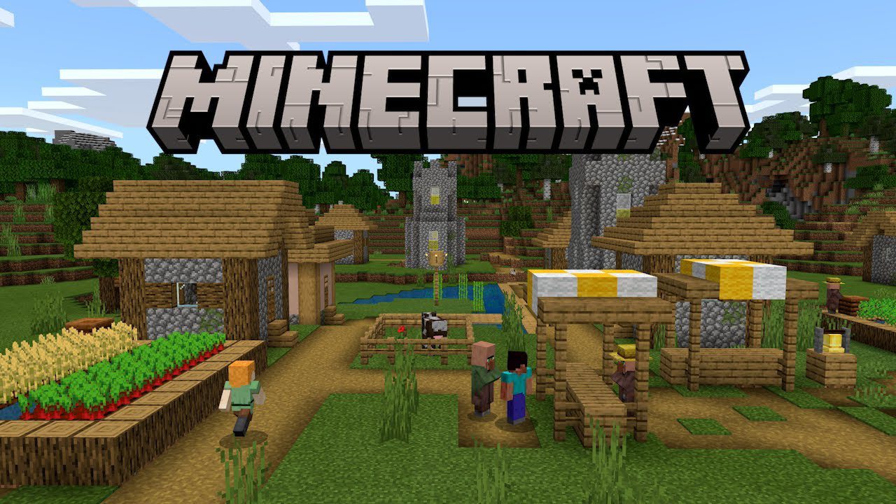A Minecraft village scene with blocky houses, villagers, crops, and market stalls. The Minecraft logo appears at the top. The environment features grassy terrain, hills, and a blue sky with clouds.