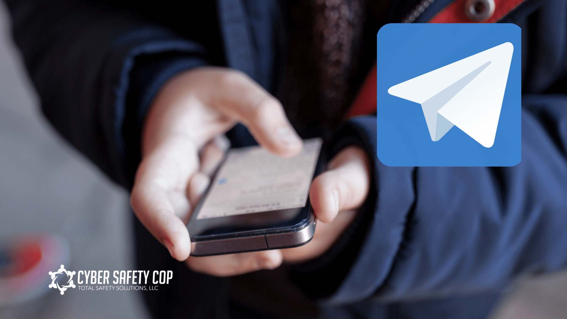 A person uses a smartphone, with the Telegram app logo superimposed and a "Cyber Safety Cop" logo in the corner, emphasizing secure online communication and safety awareness.