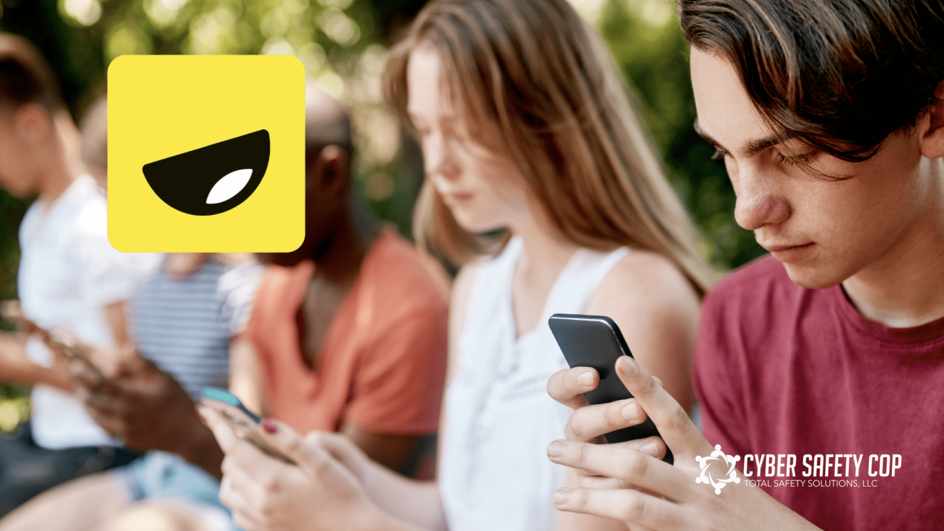 A group of teens sits outdoors, focused on their smartphones. In the foreground is a large yellow and black Yubo app logo. The Cyber Safety Cop logo appears in the lower right corner.
