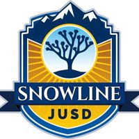 A logo featuring a stylized tree in front of mountains and a rising sun, with the words "SNOWLINE JUSD" displayed on a shield-shaped emblem.
