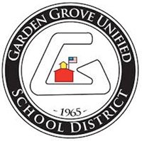 Garden Grove Unified School District logo featuring a large "G," a small red schoolhouse with an American flag, and the text "Garden Grove Unified School District 1965" in a circular border.