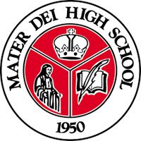 Mater Dei High School logo featuring a red and white circular design with a crown, a saint, and an open book with a quill. The text reads "Mater Dei High School 1950.