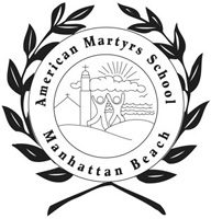 Black and white logo for American Martyrs School, Manhattan Beach, featuring two stylized figures, a church, sun, and waves, all encircled by laurel branches.