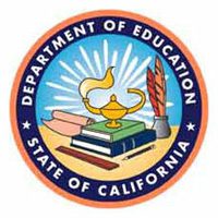 Seal of the California Department of Education featuring a lamp, books, a quill in an inkwell, and rays of light, surrounded by a blue and orange border with the department name.