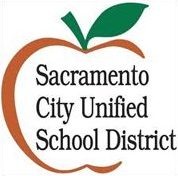 Logo of Sacramento City Unified School District featuring the district name inside a red apple outline with a green leaf on top.