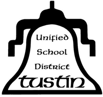 Black and white logo of a bell with the words "Unified School District tustin" inside it, representing the Tustin Unified School District.