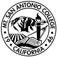 Black and white seal for Mt. San Antonio College, featuring a mountain, a torch, a compass, and an open book, with the text “Mt. San Antonio College 1946 California” around the edge.