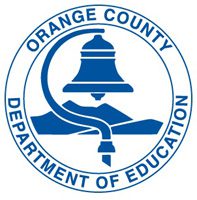 Blue and white circular logo for the Orange County Department of Education, featuring a large bell, mountains in the background, and the organization's name around the edge.