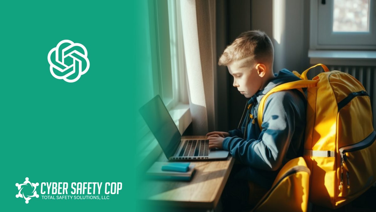 A boy with a yellow backpack sits at a desk using a laptop near a window. On the left, a green overlay features the Cyber Safety Cop logo and the text "Cyber Safety Cop, Total Safety Solutions, LLC.