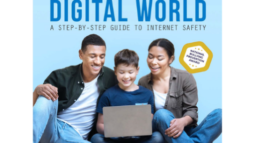 A smiling family of three—two adults and a child—gathers around a laptop. The book cover shows: “Parenting in the Digital World: Internet Safety Guide | Cyber Safety Cop,” offering essential internet safety tips.