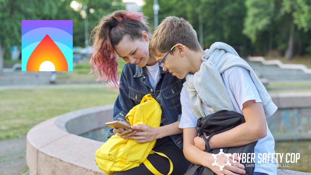 Two teens sit on a curved stone bench in a park, smiling at a smartphone—maybe sharing tips about Pokemon GO or geolocation tracking. One has a yellow backpack and pink hair. The "Cyber Safety Cop" logo and app icon are visible in the image.