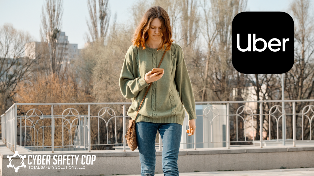 A woman walks outdoors looking at her phone, with the Uber and Cyber Safety Cop logos shown. Trees and buildings are visible, highlighting safe teen transportation options like the UberX Teen ridesharing app.