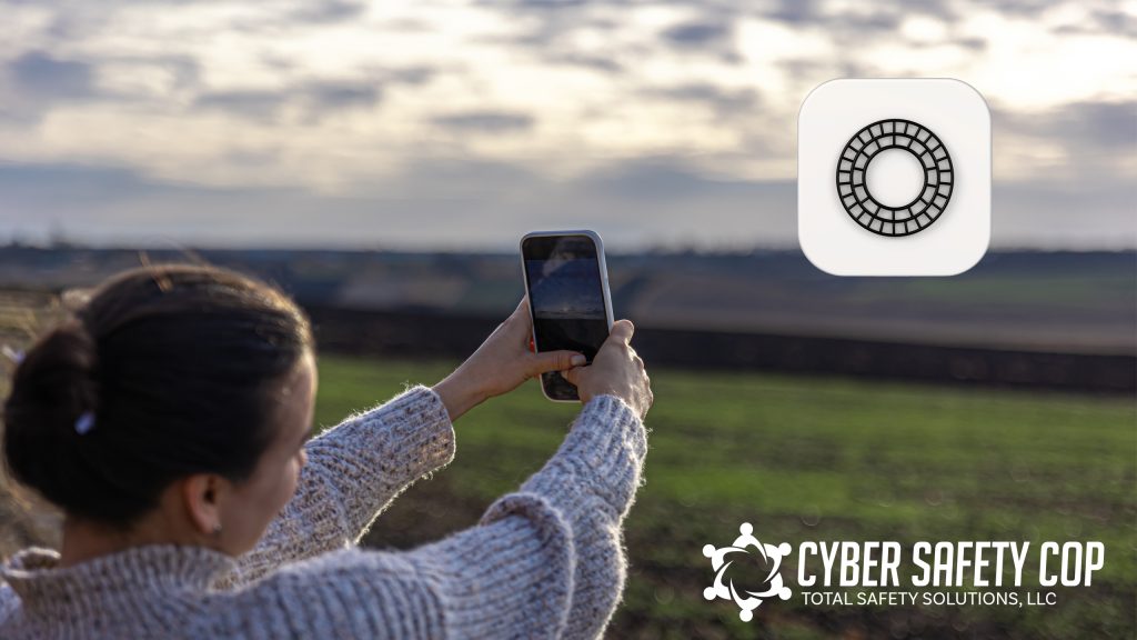 A person in a sweater takes a selfie outdoors in a field at sunset. The Cyber Safety Cop logo, an app icon, and the VSCO photo editor interface are visible in the image.