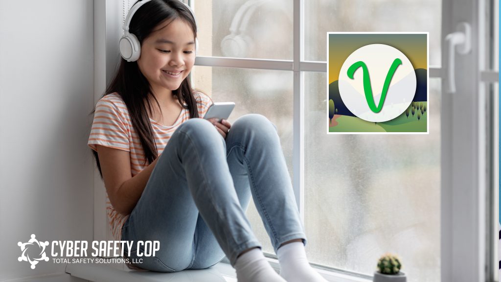 A smiling girl wearing headphones sits by a window, looking at her phone. The Cyber Safety Cop logo is in the corner, and a green “V” icon for Village-Safe family safety is displayed above her.