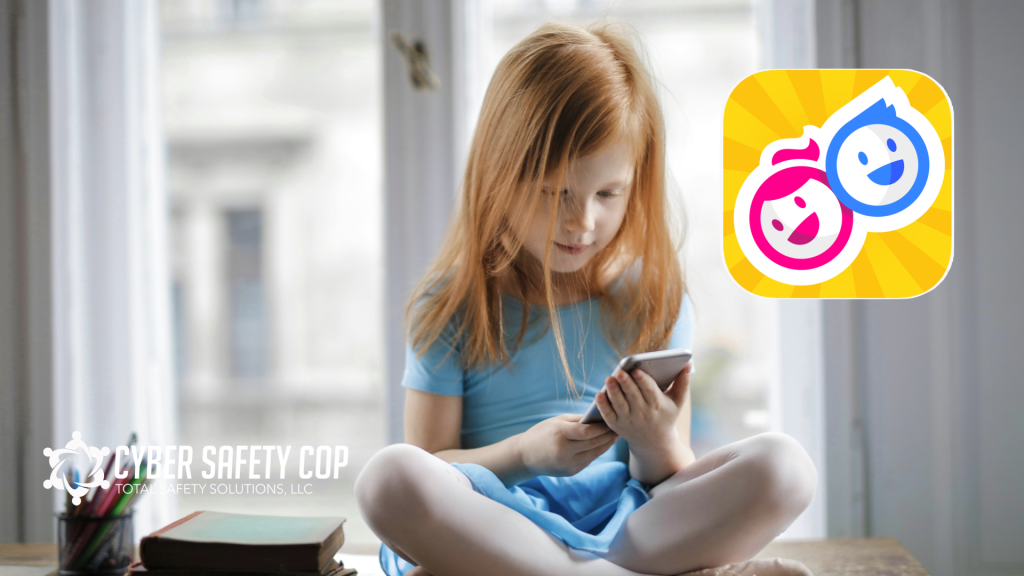 A young girl with red hair sits cross-legged indoors, focused on a smartphone using the HappyKids App. The Cyber Safety Cop logo and an illustrated messaging app icon are visible in the image.